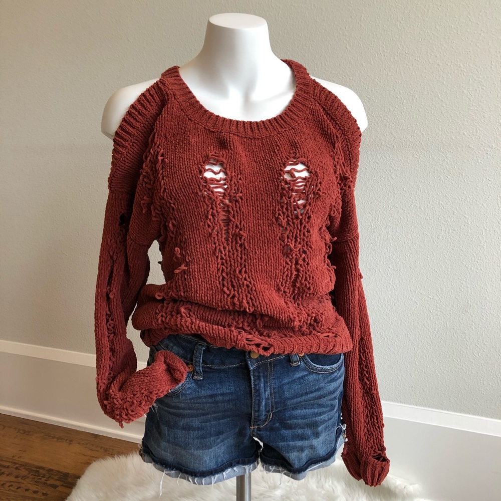 Rust Open Shoulder Destroyed Sweater Rust - image 1